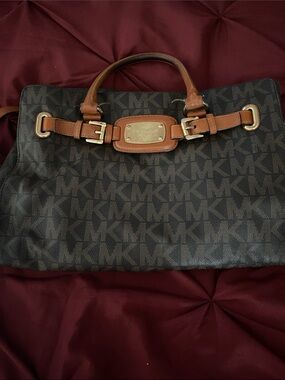 Michael Kors Brown and Tan MK Logo Tote with Gold Plate